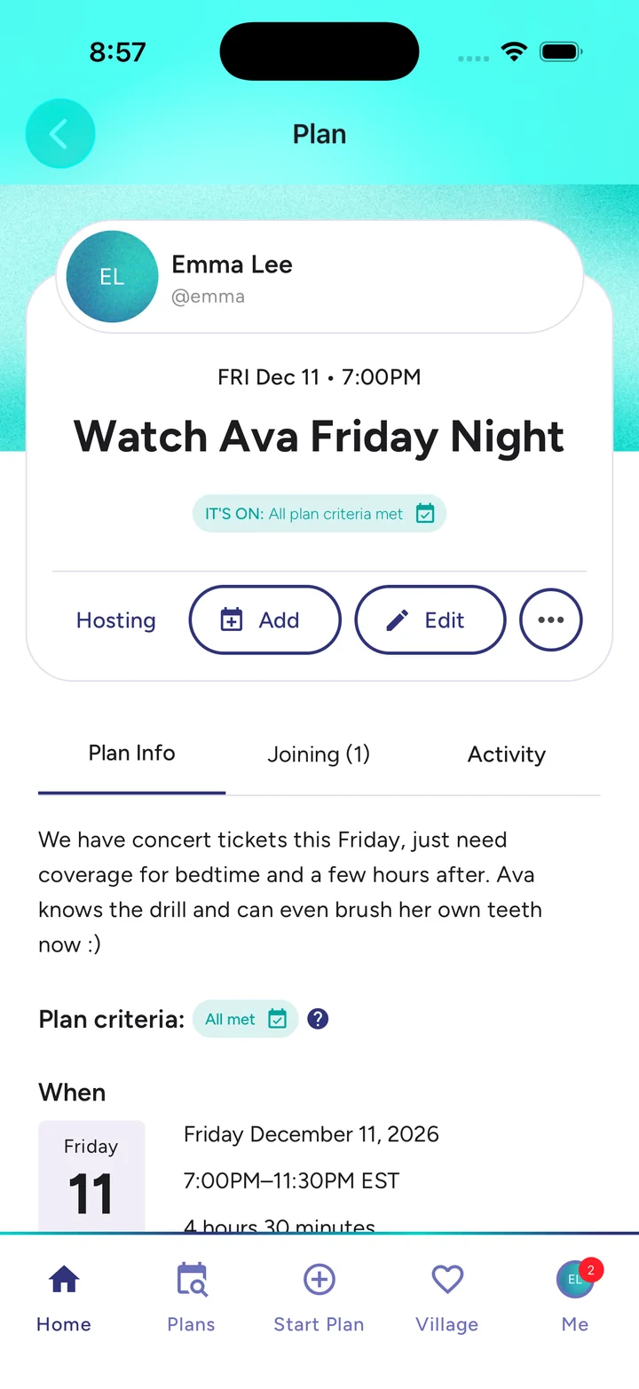 A Ringlet plan asking the village to watch Ava on Friday night, marked It's On with all plan criteria met