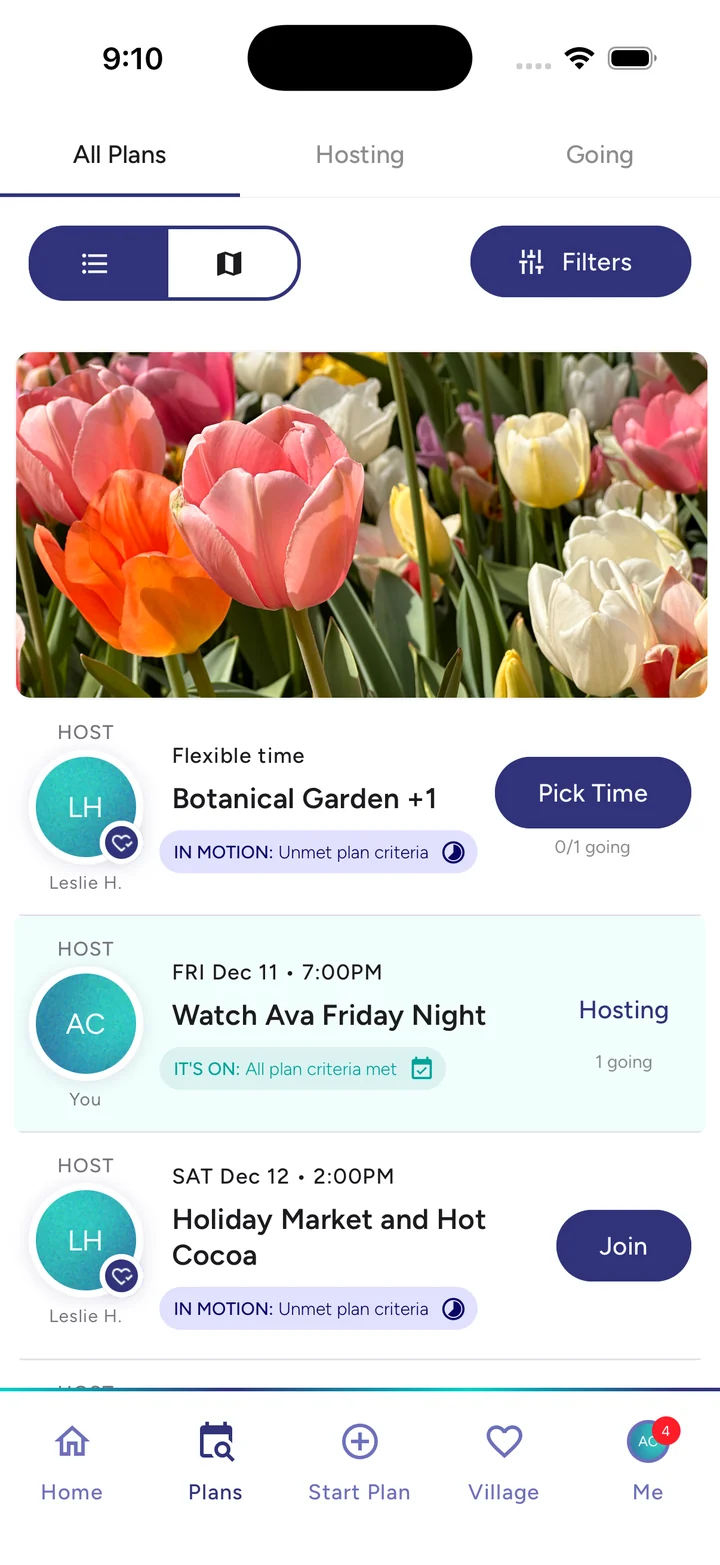 Ringlet Plans tab listing upcoming plans from your village, like a botanical garden outing and a holiday market